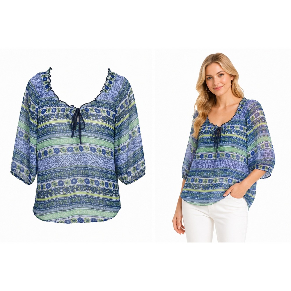 Olsenboye Blouse Womens S Blue Green Floral Boho Chiffon 3/4 Sleeve Tie Neck Top